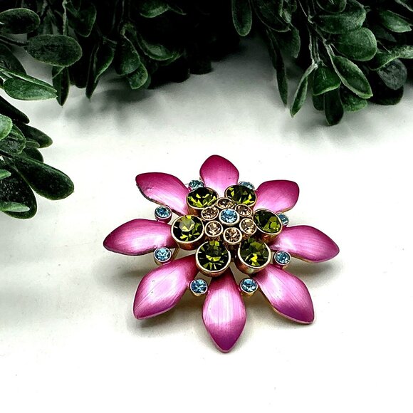 Flower Brooch Pink with Green Rhinestone With Textured Gold-Tone Back - Picture 4 of 5